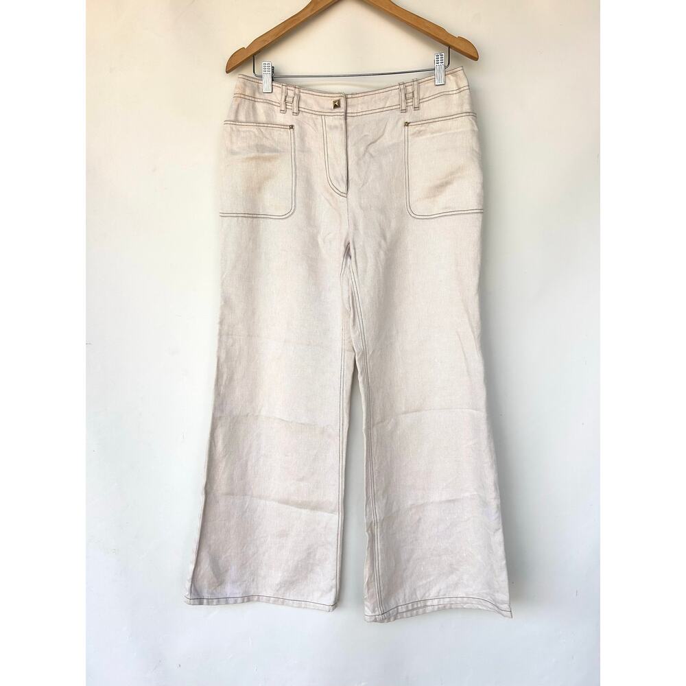 Vintage Hermes Ecru Cream Linen Wide Leg Cropped Jeans Pants 42 H Belt Loop - Picture 2 of 11